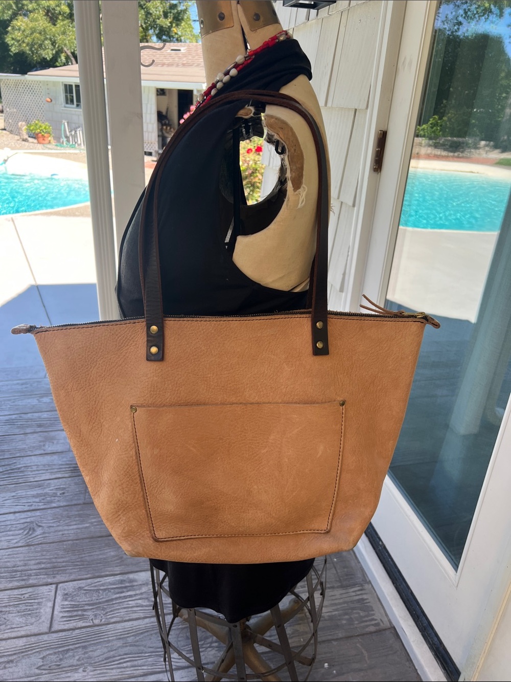 Portland leather goods Classic Tan Leather Shoulder Tote with Dark Brown Handles